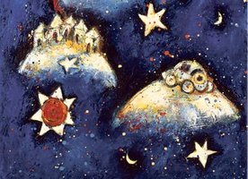 Galaksen med de 3 måner oliemaleri af billedkunstner Anne Marie Johansen maleri, kunst, Frederikshavn